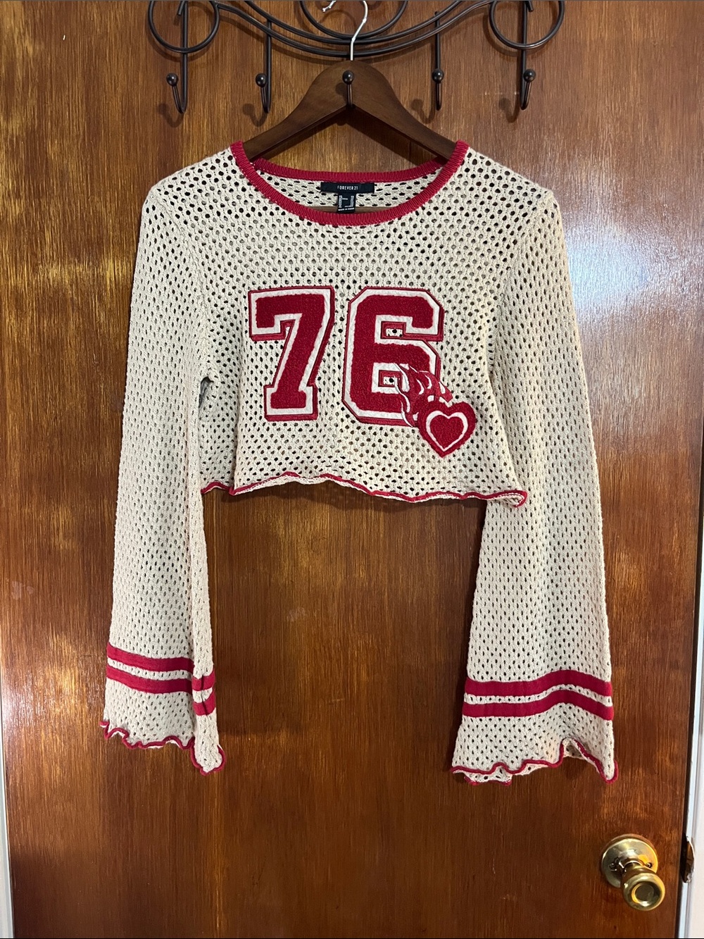 Forever 21 Cream Crochet Crop Top with Red Trim and 76 Patch - Picture 2 of 8